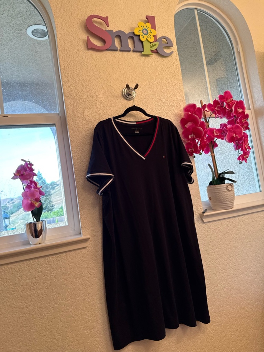 Tommy Hilfiger Black V-Neck Midi Dress with Red&White Trim Captain Navy Size 2X